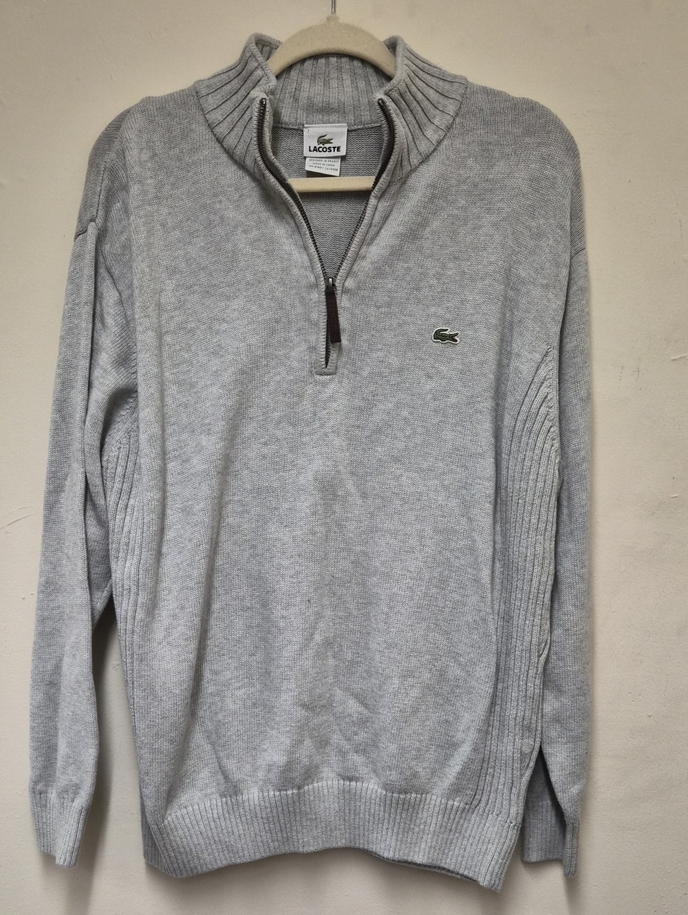 Lacoste Light Gray Half-Zip Ribbed Panel Sweater Size 7